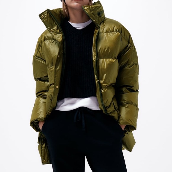 ❌SOLD❌ ZARA PATCH POCKET PUFFER COAT GREEN LARGE JACKET - Picture 2 of 7